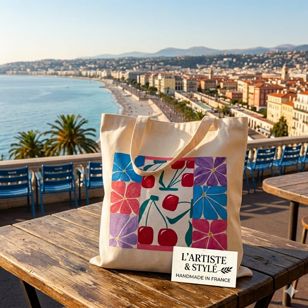 Tote bag Chérie Cerise peint à la main, photographié face à la baie de Nice